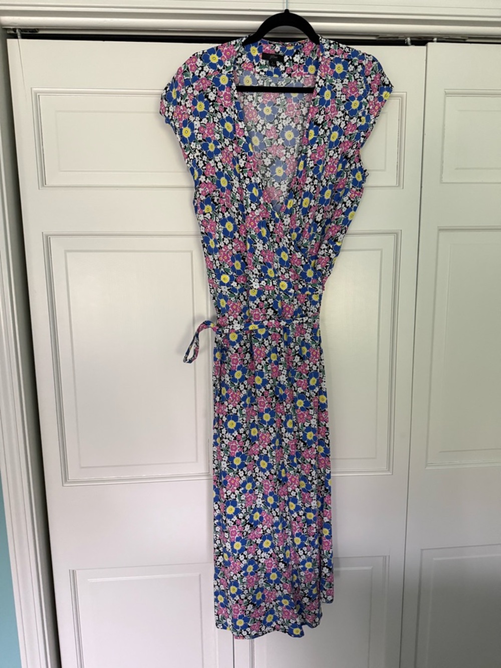 J. Crew Navy Floral Wrap Maxi Dress with Pink and Yellow Blooms